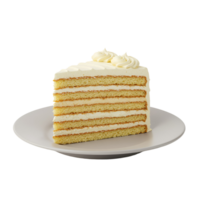 A slice of layered cake with white frosting swirls on a white plate against a plain backdrop transparent background png