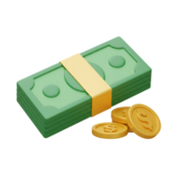 A stack of green paper currency with a gold band and gold coins on a plain simple background transparent background png