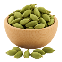 A wooden bowl filled with many green cardamom pods and some scattered on the surface around the bowl transparent background png