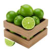 A wooden crate filled with several whole limes and a sliced lime on a plain simple setting transparent background png