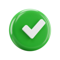 A green circle with a white check mark in the center on a plain solid color surface view from above transparent background png