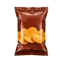 A brown bag filled with rippled potato chips against a plain backdrop in a studio setting view transparent background png