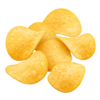 Pile of golden potato chips with small specks scattered across their surfaces on a plain backdrop view transparent background png