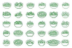 Collection of icons covering different types such as chef salad, fruit salad, garden salad. vector