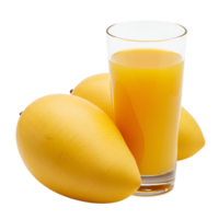 A glass of juice with some mangos in front of it on a plain color simple studio style photograph transparent background png