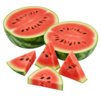 Arrangement of sliced watermelons with seeds and green rind on a plain solid surface view from above transparent background png