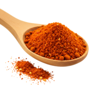 Wooden spoon holding a pile of orange spice with some spilled onto the surface around the spoon transparent background png