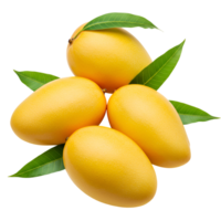 A group of four yellow mangos with green leaves arranged on a simple solid color plain surface transparent background png