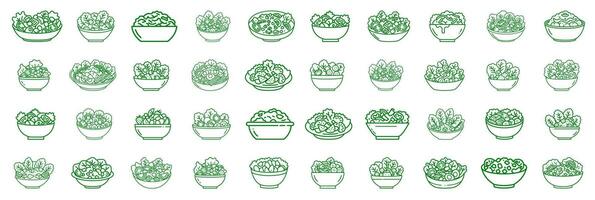 Modern and minimalist salad icons in shades of green. set covering varieties such as kale salad, spinach, fruit, garden and chef salads. vector