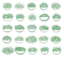 A set of icons suitable for different types of salads. Contains outline icons for kale, mixed, Greek, garden and fruit salads. vector