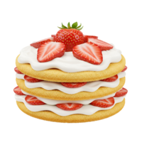 A three layer cake with cream and strawberry slices on a plain color isolated setting view close up transparent background png