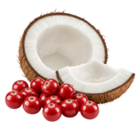 A halved coconut with a piece and a pile of red berries on a plain studio setting surface transparent background png