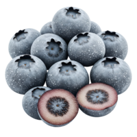 Arrangement of blueberries with a few sliced open showing the inside on a plain setting transparent background png