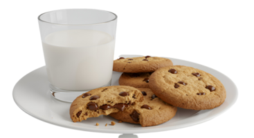 A glass of milk and several chocolate chip cookies on a white plate against a plain backdrop transparent background png