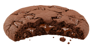 A single chocolate cookie with a bite taken out of it with visible chocolate chips on a plain background transparent background png