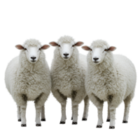 A trio of fluffy sheep posing closely together against a plain and featureless simple backdrop view transparent background png