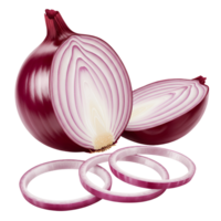 A vibrant still life showcasing a whole, halved, and sliced red onion against a solid plain setting transparent background png
