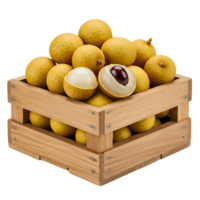 A wooden crate filled with longans and one cut open showing the white flesh and seed inside the fruit transparent background png