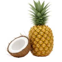 Pineapple with green leaves and a half coconut on a plain colored simple studio style scene image transparent background png