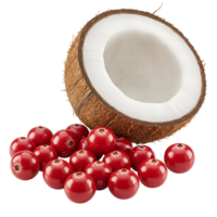A halved coconut shell with a pile of vibrant red cranberries against a plain simple background transparent background png