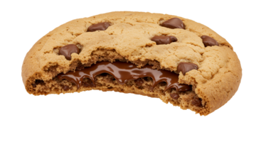 A single chocolate chip cookie with a bite taken out revealing a melted chocolate center filling transparent background png