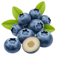 A group of blueberries with some green leaves and one sliced blueberry on a plain setting surface transparent background png