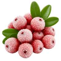 A pile of sugared cranberries with green leaves on a plain setting for holiday treat presentation transparent background png