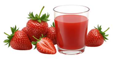 A glass of strawberry juice with several fresh strawberries on a plain colored surface around it transparent background png