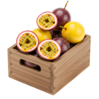 Passion fruits whole and halved in a wooden crate against a plain studio space background view transparent background png