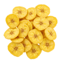 A pile of yellow banana chips arranged on a plain surface showing their circular shape and texture details transparent background png