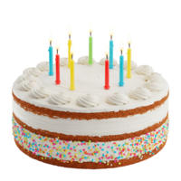 A delicious birthday cake with white frosting and colorful candles on a plain environment view transparent background png
