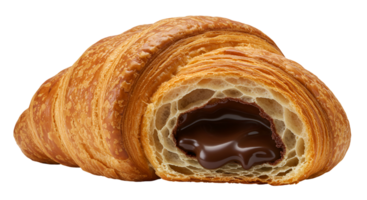 Close up of a croissant cut open revealing a chocolate filling on a plain presentation transparent background png