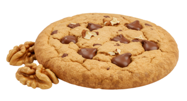 A single cookie with chocolate chunks and walnuts on a plain surface, isolated in studio shot transparent background png