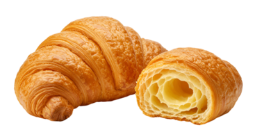 A golden croissant and a half croissant showing the inside on a plain simple background space transparent background png