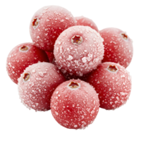 A group of red cranberries covered in ice crystals on a plain surface in a studio setting view transparent background png