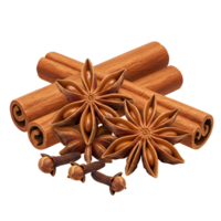 Aromatic arrangement of cinnamon sticks, star anise, and cloves on a simple plain surface transparent background png