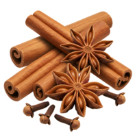 Cinnamon sticks with star anise and cloves arranged on a plain surface in a studio setting view transparent background png