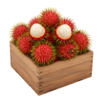 Fresh rambutan fruits in a wooden crate with two cut open showing the white flesh against a plain setting transparent background png