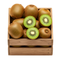 A wooden crate filled with whole and halved kiwis against a plain solid colored setting space for text transparent background png