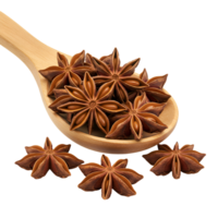 Star anise spices arranged on a wooden spoon with some scattered around on a plain surface transparent background png