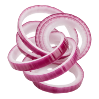 A creative arrangement of sliced red onion rings floating in a plain studio setting closeup view transparent background png