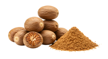 A pyramid of whole nutmegs and a pile of ground nutmeg spice on a plain studio style setting transparent background png
