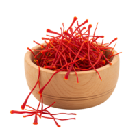 A wooden bowl filled with vibrant red saffron threads against a plain surrounding space view transparent background png