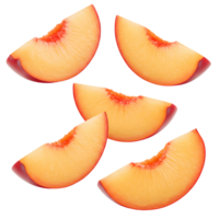 Arrangement of five peach slices with a vibrant orange hue against a plain solid color backdrop transparent background png