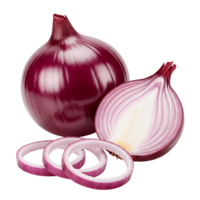 A vibrant still life of whole and sliced red onions on a plain setting with a simple composition transparent background png