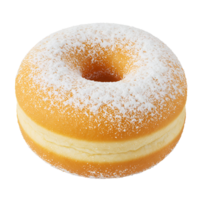 A single donut covered with powdered sugar is presented on a plain solid color simple studio style set transparent background png