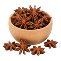 Anise stars in a wooden bowl with some scattered around on a plain surface in a studio setting transparent background png