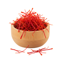 A wooden bowl filled with bright red saffron threads against a plain solid color backdrop view from front transparent background png
