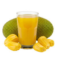 A glass of yellow juice with jackfruit segments and whole jackfruit on a plain setting scene transparent background png