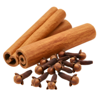 Cinnamon sticks and cloves arranged in a pile on a plain surface for a still life image transparent background png